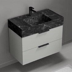 Floating Bathroom Vanity, Modern, 32 inch, Black Marble Style Sink